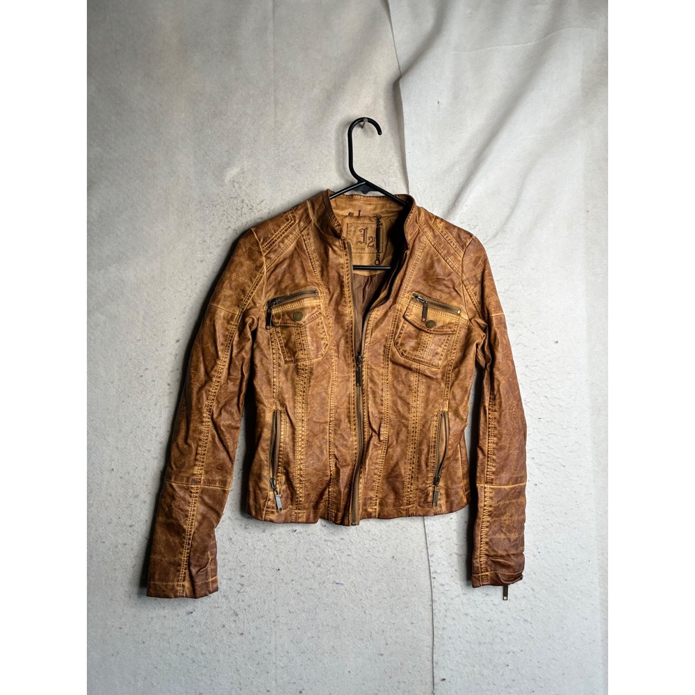 J2 Womens Cognac Brown Faux Leather Moto Biker Jacket Distressed XS 007-686KS